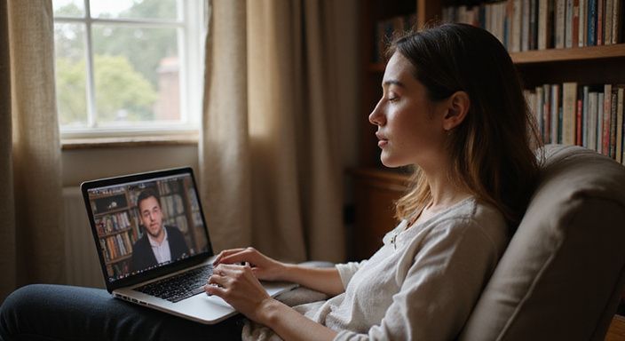 Een vrouw werkt geconcentreerd op haar laptop in een gezellige kamer. Een vrouw werkt geconcentreerd op haar laptop in een gezellige kamer.