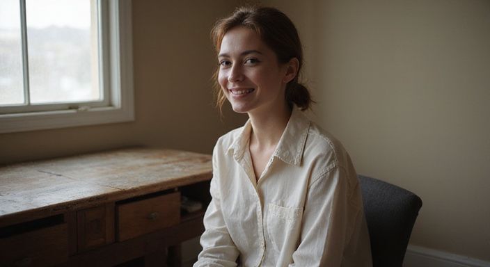 Een jonge vrouw glimlacht vanuit een bescheiden, gezellige kamer. Een jonge vrouw glimlacht vanuit een bescheiden, gezellige kamer.