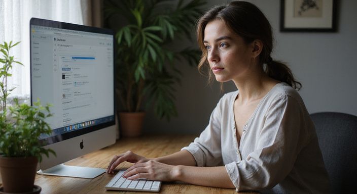 Een jonge vrouw zit geconcentreerd achter een houten bureau. Een jonge vrouw zit geconcentreerd achter een houten bureau.