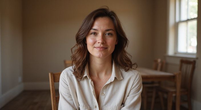 Een vrouw in een comfortabele blouse, ontspannen tijdens een online gesprek. Een vrouw in een comfortabele blouse, ontspannen tijdens een online gesprek over grote tieten webcamsex.
