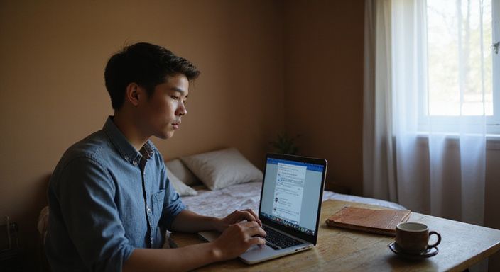 Een jonge volwassene geconcentreerd achter een laptop in een slaapkamer. Een jonge volwassene zoekt op een laptop naar grote tieten webcamsex.