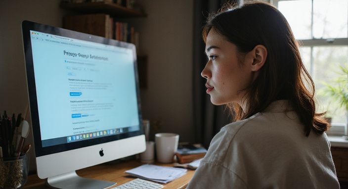 Een vrouw werkt geconcentreerd aan een bureau met een computer. Een vrouw werkt geconcentreerd aan een bureau met een computer.