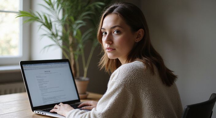Een vrouw werkt geconcentreerd aan haar laptop in een thuisbureau. Een vrouw werkt geconcentreerd aan haar laptop in een thuisbureau.
