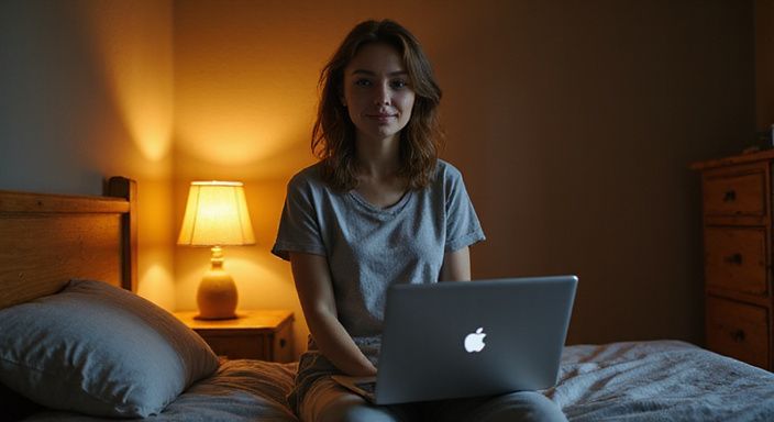 Een vrouw werkt geconcentreerd op haar laptop in een gezellige slaapkamer. Een vrouw werkt geconcentreerd op haar laptop in een gezellige slaapkamer.