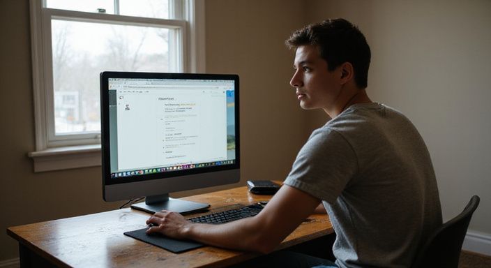 Een jonge volwassene zit geconcentreerd achter een computer aan een bureau. Een jonge volwassene zoekt op een computer naar Lesbische webcamsex.
