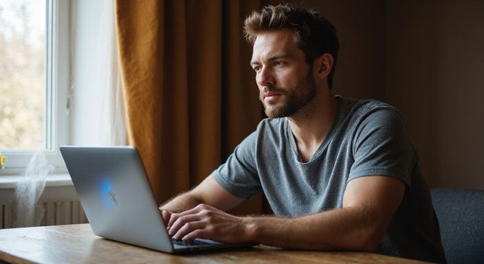 Een man in zijn dertiger jaren werkt geconcentreerd aan een laptop. Een man in zijn dertiger jaren kijkt op een laptop naar lesbische webcamsex.