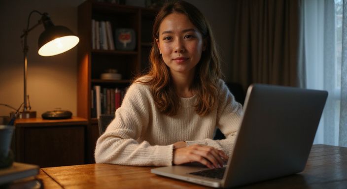 Een vrouw luistert ontspannen naar een online video-oproep aan een bureau. Een vrouw luistert ontspannen naar een online video-oproep aan een bureau.