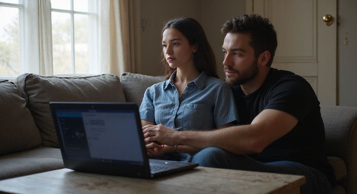 Een jong stel zit samen op een bank met een laptop. Een jong stel zit samen op een bank met een laptop en kijken naar lesbische webcamsex.
