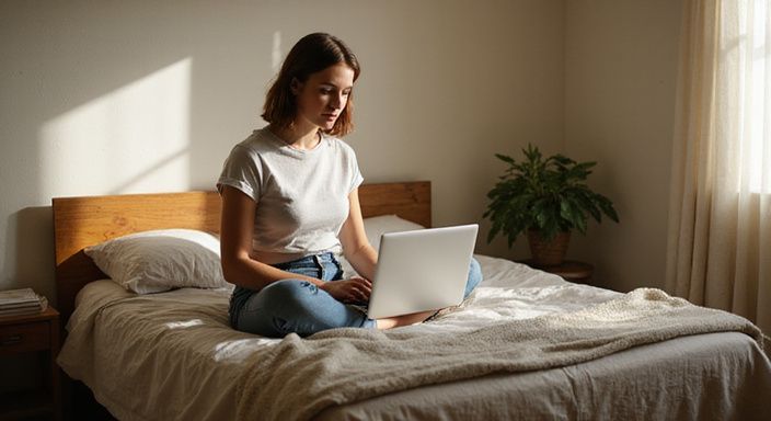 Een vrouw zit ontspannen op bed en gebruikt haar laptop. Een vrouw zit ontspannen op bed en gebruikt haar laptop.