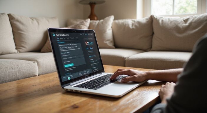Een persoon gebruikt een laptop met een online streamingplatform in de woonkamer. Een persoon gebruikt een laptop met een online streamingplatform in de woonkamer.