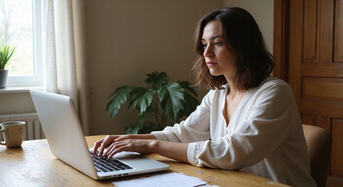 Een vrouw werkt geconcentreerd aan haar laptop met een creditcard. Een vrouw werkt geconcentreerd aan haar laptop met een creditcard.