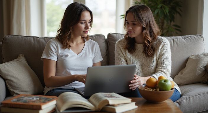 Twee jonge vrouwen ontspannen op een bank met laptops en boeken. Twee jonge vrouwen ontspannen op een bank met laptops en boeken.