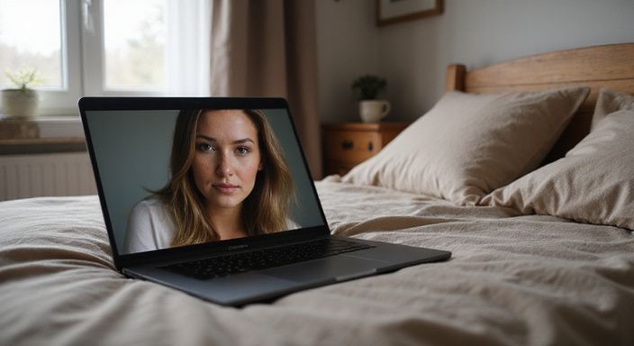 Een bed met een laptop en een vrouw in een livestream. Een bed met een laptop en een vrouw in een livestream.