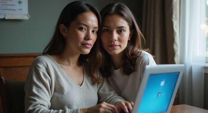 Twee vrouwen aan een bureau tijdens een online interactie. Twee vrouwen aan een bureau tijdens een online interactie.
