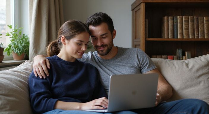 Een stel op de bank kijkt samen naar een laptop. Een stel op de bank kijkt samen op een laptop naar lesbische webcamsex.