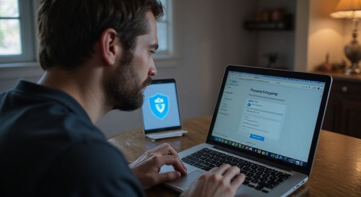 Een persoon werkt geconcentreerd op een laptop met een betalingsvenster.