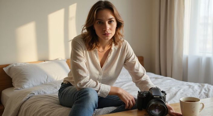Een vrouw zit ontspannen op een bed met een microfoon