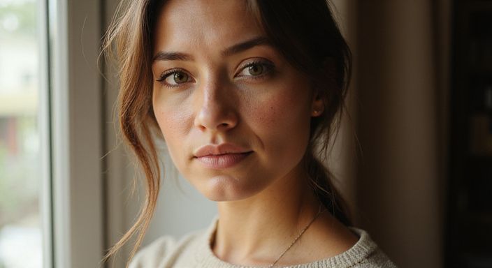 Een vrouw met natuurlijke huid en realistische texturen in haar kleding