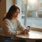 Een vrouw in een café kijkt geïnteresseerd naar haar smartphone