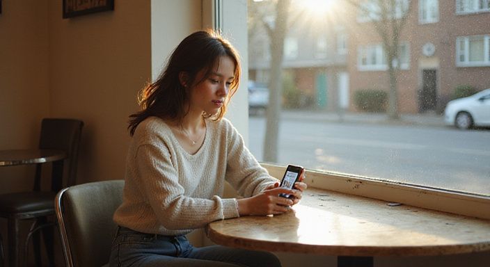 Een vrouw in een café kijkt geïnteresseerd naar haar smartphone op zoek naar sexdating in jouw regio.
