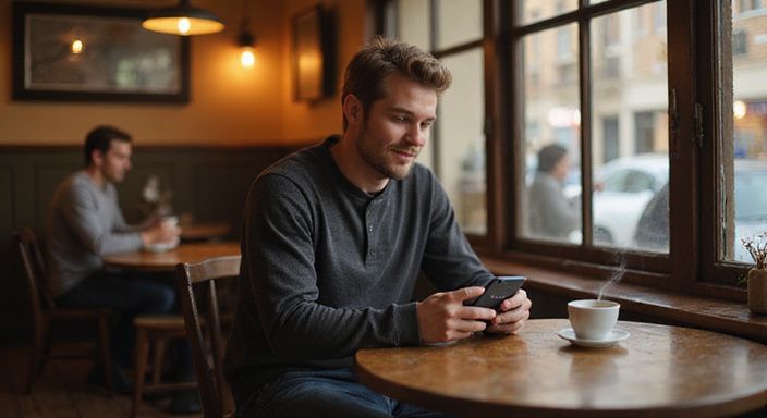 Een man reflecteert terwijl hij een datingapp op zijn smartphone bekijkt.
