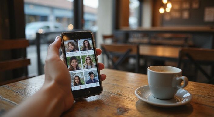 Een smartphone met een datingapp voor sexdating in jouw regio in een café-omgeving.
