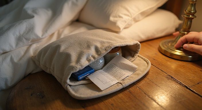 Een open canvas pouch met intieme producten op een houten nachtkastje.