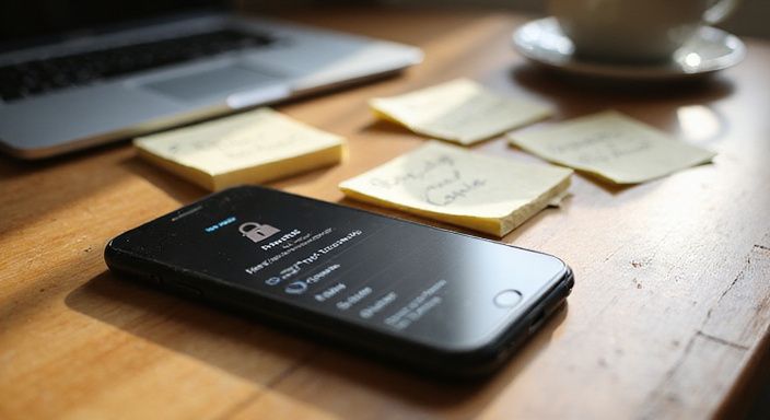Een smartphone met privacy-instellingen op een eiken bureau.