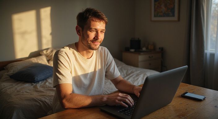 Een persoon met androgynous kenmerken zit ontspannen achter een bureau en zoekt naar sexdating in jouw regio.