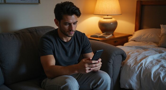 Een volwassen persoon op een bank, gefocust op hun smartphone.