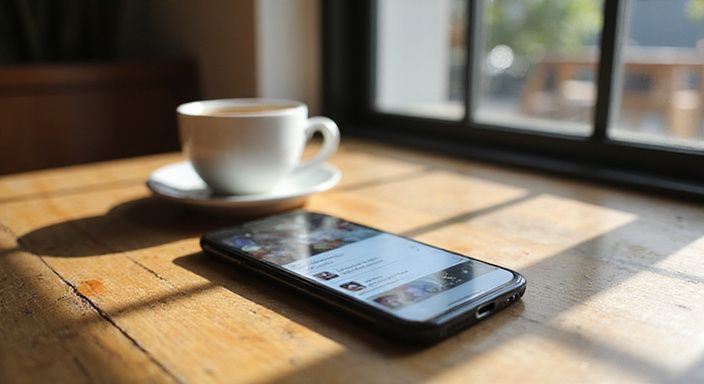 Een smartphone met een datingapp ligt op een houten café tafel.