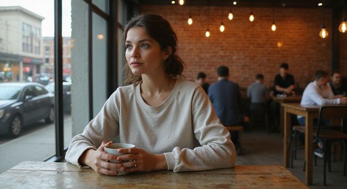 Een vrouw in een koffiehuis met een warme, contemplatieve uitstraling wil sexdating in jouw regio.