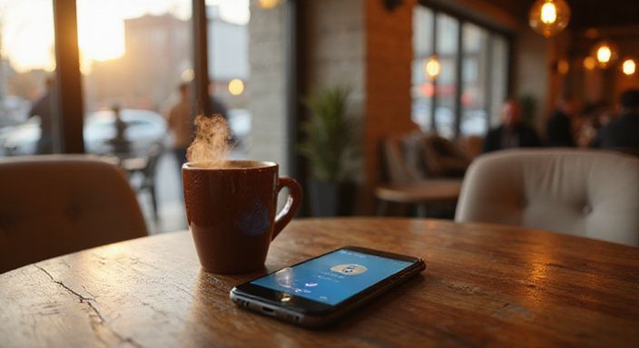 Een smartphone met een datingapp voor sexdating in jouw regio en een dampende koffiemok.