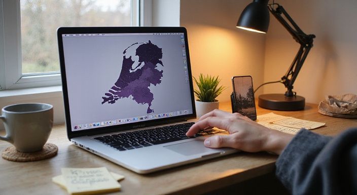 Een MacBook Pro toont een kaart van Nederlandse provincies op bureau.