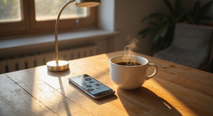 Een smartphone naast een keramische koffietas op een houten bureau.