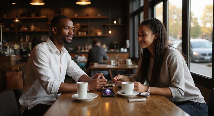 Twee volwassenen genieten van een intiem gesprek over donkere vrouwen dating in een koffiehuis.