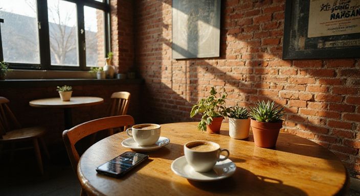 Café interieur met koffie, planten en vintage reclameposters.