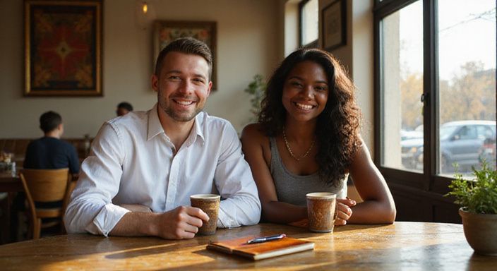 Twee volwassenen lachen gezellig aan een houten tafel in een café.