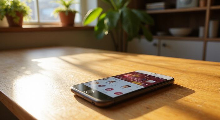 Een smartphone met een datingapp voor donkere vrouwen dating op een houten bureau.