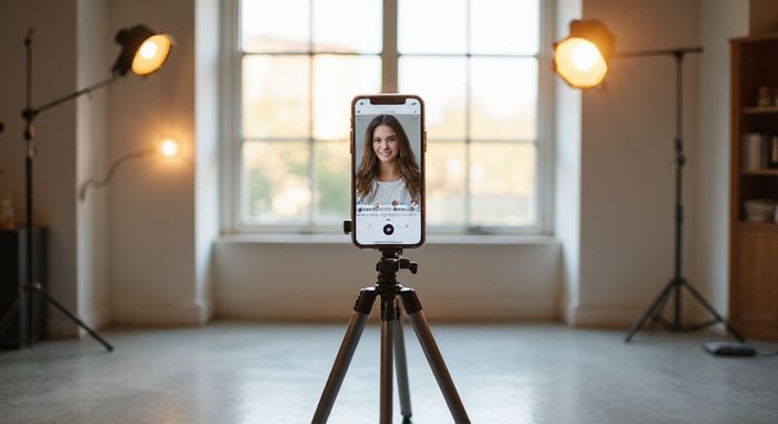 Een smartphone op een statief toont een datingprofiel in een studio.