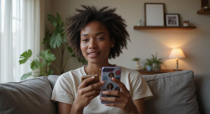 Een vrouw zit op een bank en bekijkt een datingapp voor donkere vrouwen dating.