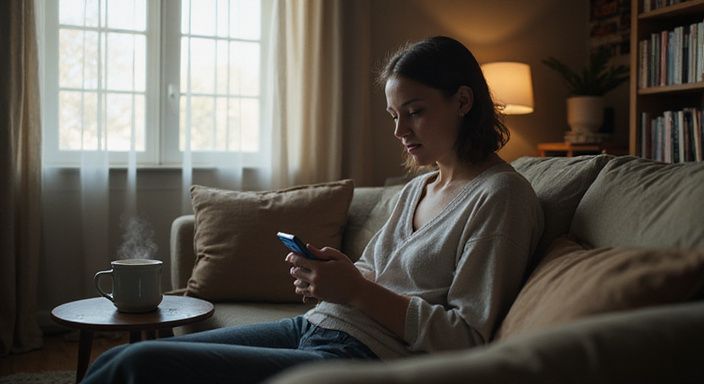 Een vrouw in haar twenties scrollt contemplatief door datingprofielen.