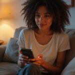 Een vrouw zit ontspannen op een bank met een smartphone