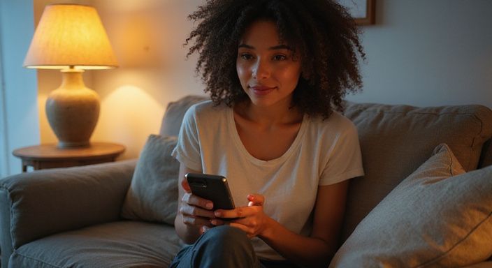 Een vrouw zit ontspannen op een bank met een smartphone.