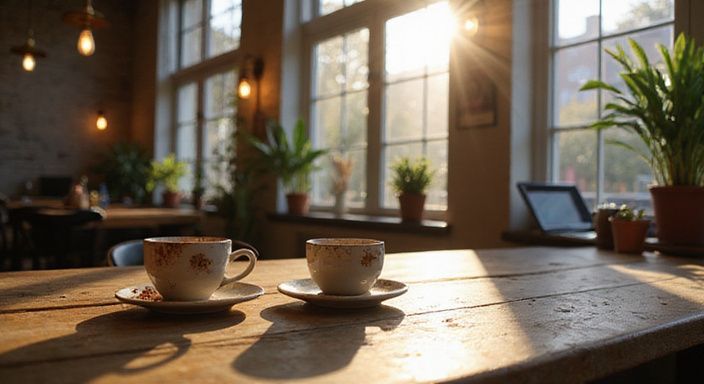 Een gezellig Amsterdams café met koffie en planten.