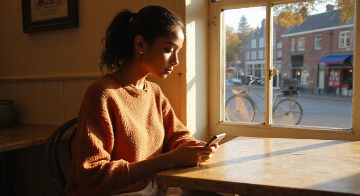 Een vrouw zitten alleen in een café terwijl ze nadenkt.
