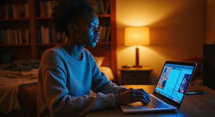 Een jonge vrouw verdiept in een datingapp op haar laptop.