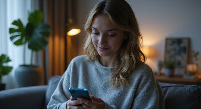 Een vrouw in een minimalistisch appartement gebruikt een dating-app voor donkere vrouwen dating.