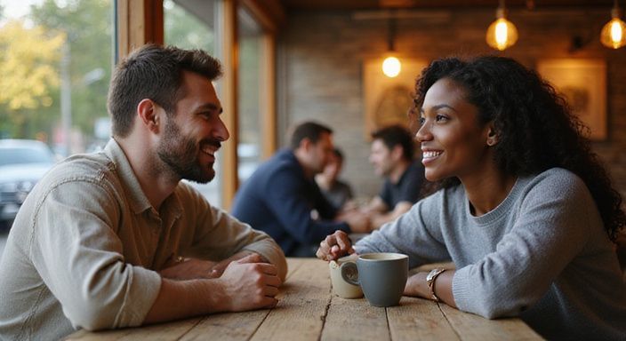 Twee lachende mensen delen een intiem gesprek over donkere vrouwen dating in een café.