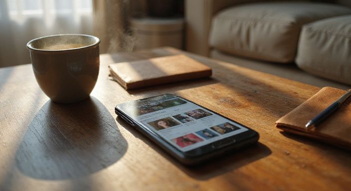Een smartphone op een walnotenhouten tafel met thee en notitieboek.